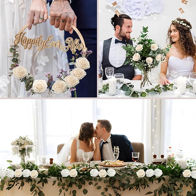 200PCS Artificial Flowers Champagne Roses Real Looking Foam Fake Roses with Leaves and for DIY Wedding Bouquets Bridal Shower Centerpieces Party Decorations (Champagne, 200)