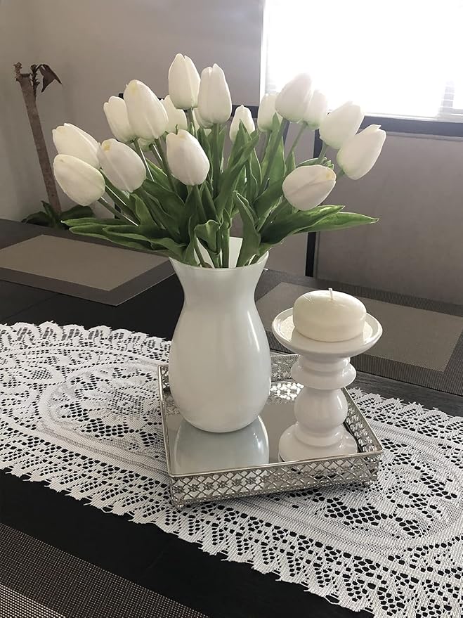 Beferr 10pcs White Tulips Artificial Flowers Faux Silk Tulip Real Touch Tulip Fake Flowers Bouquets Arrangements for Mothers Day Spring Easter Wedding Flowers Gifts Home Table Decor