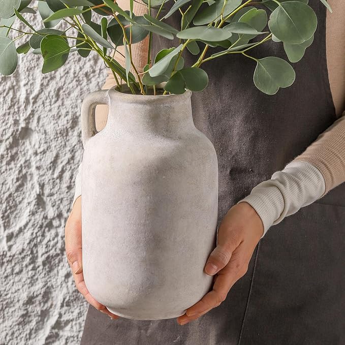 Ceramic Flower Vase Home Decor - 9.7 inch Large White Rustic Table Flowers Vases Living Room Bedroom Plant Decoration Farmhouse Vintage for Kitchen Shelf Office Coffee Dining Desk House Women