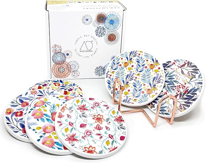 AD Set of 6 Coasters for Drinks Absorbing Round Ceramic Stone Coaster with Cork Base Tabletop Protection Mat for Mugs and Cups,Office,Kitchen (Watercolor Flowers with Rose Gold Holder)