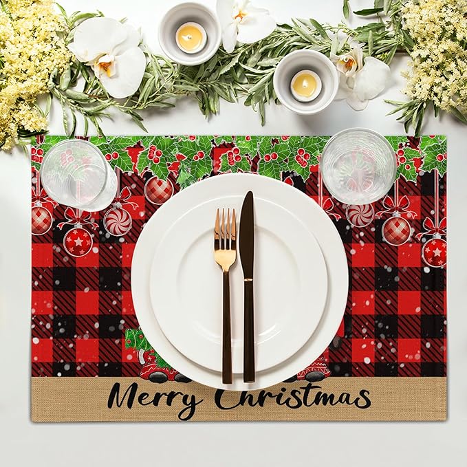 Winter Placemats Set of 4, 12 x 18 Inch Xmas Tree Gnome Truck Dining Table Mats Red Black Buffalo Plaid Rectangle Tabletop Decor for Holiday Seasonal Dining Party