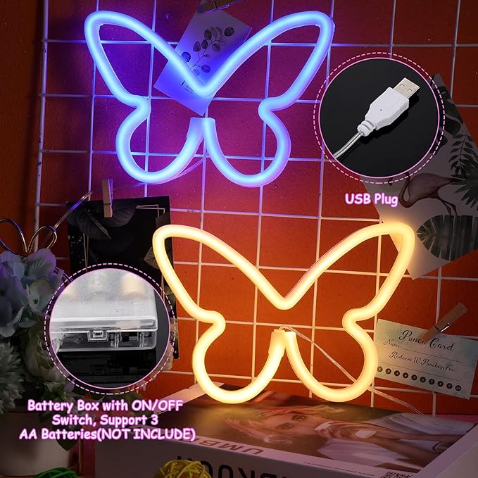Riakrum 2 Pcs Butterfly Neon Signs LED Light 3AA Battery Powered USB Operated Wall Neon Light Decor Butterfly Wall Art for Christmas Home Bedroom Birthday Party Decor(Blue, Warm White)