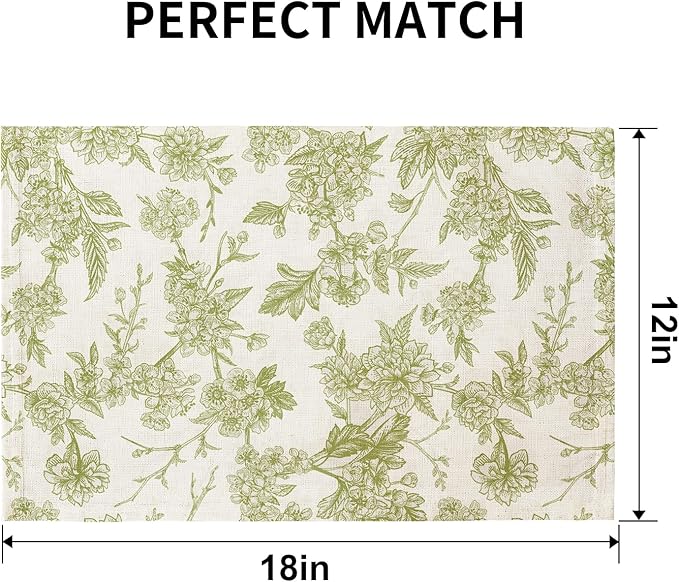 QIYI Boho Placemats Set of 6, 12x18 Inch Linen Fabric Floral Place Mats for Kitchen Dinning, Farmhouse Rustic Cloth Table Mats, Washable Placemat Party Table Décor, Green Botanical Art