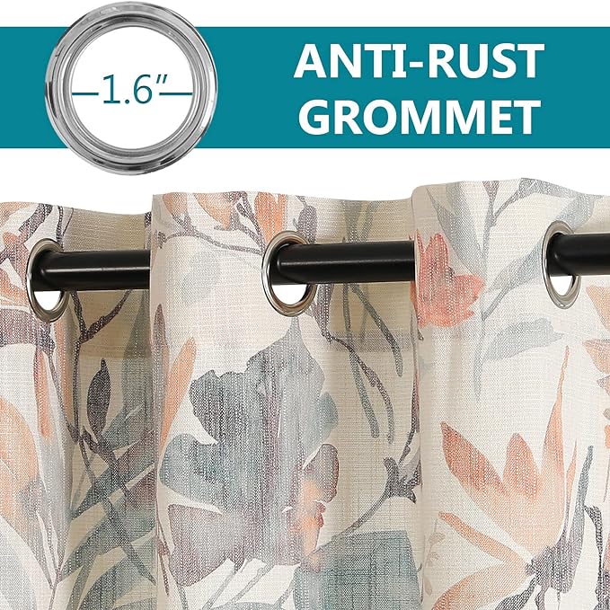 MYSKY HOME Coral Curtains 95 Inches Printed Cotton Grommet Linen Curtains for Living Room Light Filtering Curtain Burlap Effect Drape Window Treatments, 2 Panel Coral and Natural