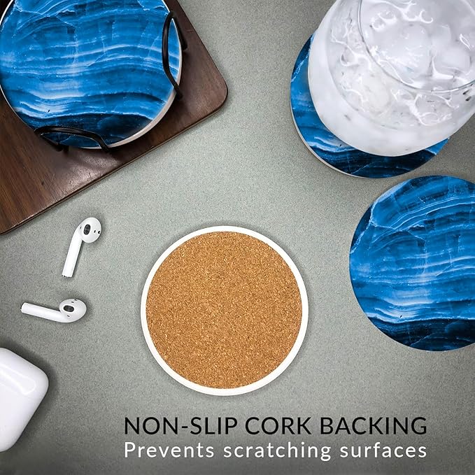 Emerson Coasters for Drinks Absorbent – Dining Table Set of 6 with Holder, 100% Ceramic Wooden Tabletop Protection Marble Style - Non Slip & Cork Bottom - Heavy Duty (Blue Stone)