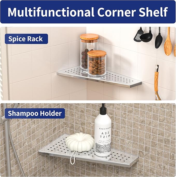 Corner Shower Shelf 12" Polished 304 Stainless Steel Recessed Trapezoid Shampoo Shelves with Grid Design Bathroom Shelf Racks for Tiled Wall, No Drilling Needed, 2 Pack