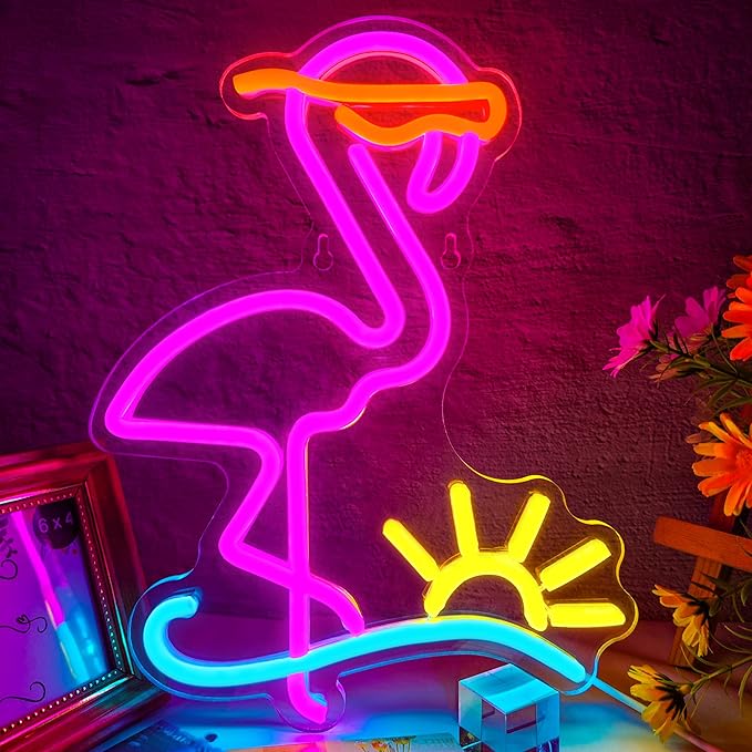 Flamingo Neon Sign Dimmable Flamingo Led Neon Lights Sun Wave Neon Signs for Bedroom Living Room Restaurant Man Cave Bar Club Party Decoration Gift
