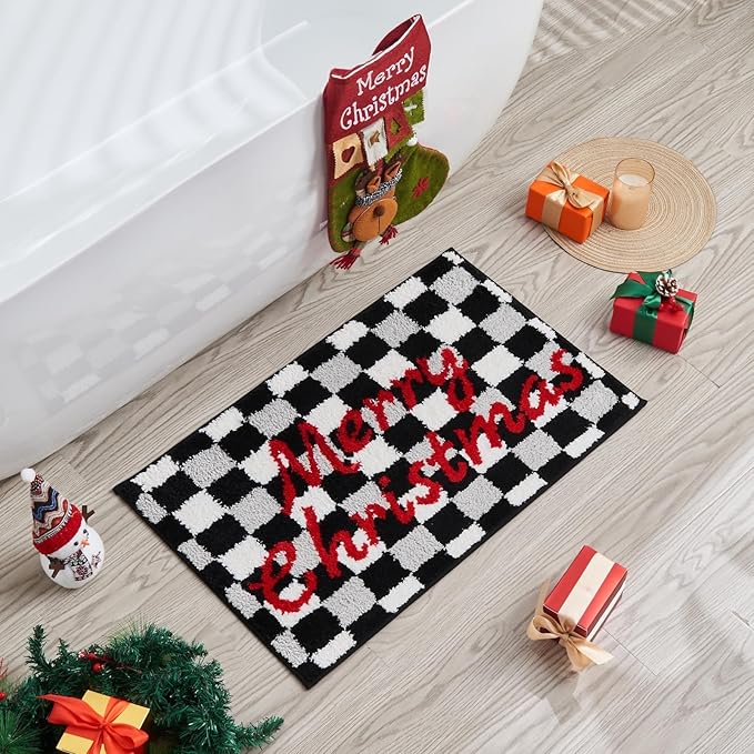 Douceur Christmas Checkered Bathroom Rugs, Cute Black Bath Mat, Christmas Bathroom D cor Non Slip Bath Rugs, Soft and Absorbent Washable Bath Rugs for Bath 32"X20"