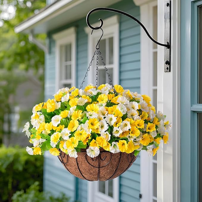 Artificial Hanging Flowers with Basket, Faux Silk Petunias Flower Arrangement, Coconut Lining with Morning Glories Fake Plants Patio Garden Porch Deck Spring Summer Decor(Yellow and White)