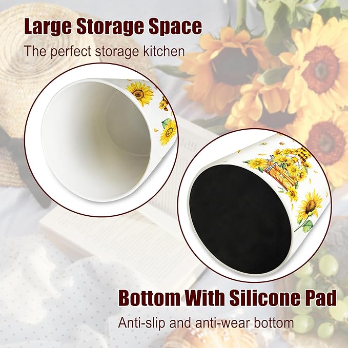pinata Sunflower Kitchen Decor, Cute Ceramic Utensil Holder, Sunflower Kitchen Utensil Holder for Farmhouse Indoor (6.3inch)
