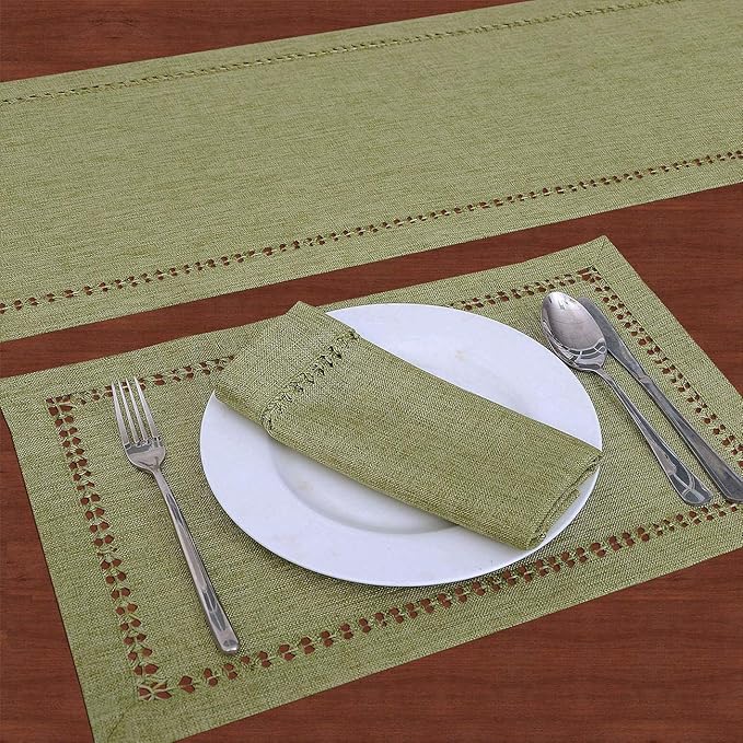 Grelucgo Set of 4 Handcrafted Solid Sage Green Color Dining Table Place-mats, Double-Hemstitched, Rectangular 12 x 18 Inch