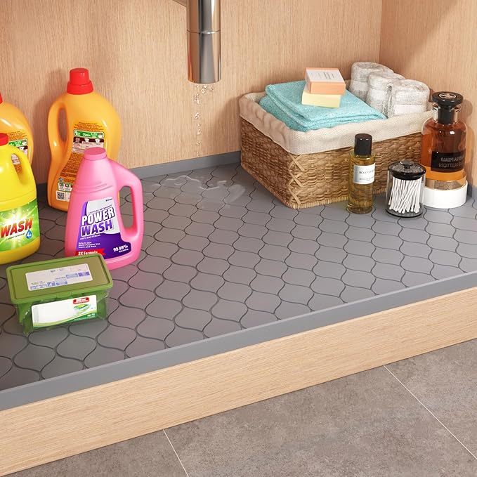 Silicone Under Sink Mat 37" x 22", Kitchen Essentials and Gadgets, Shelf Liner and Cabinet Protector, Home Organizers and Storage, Waterproof Bathroom Tray