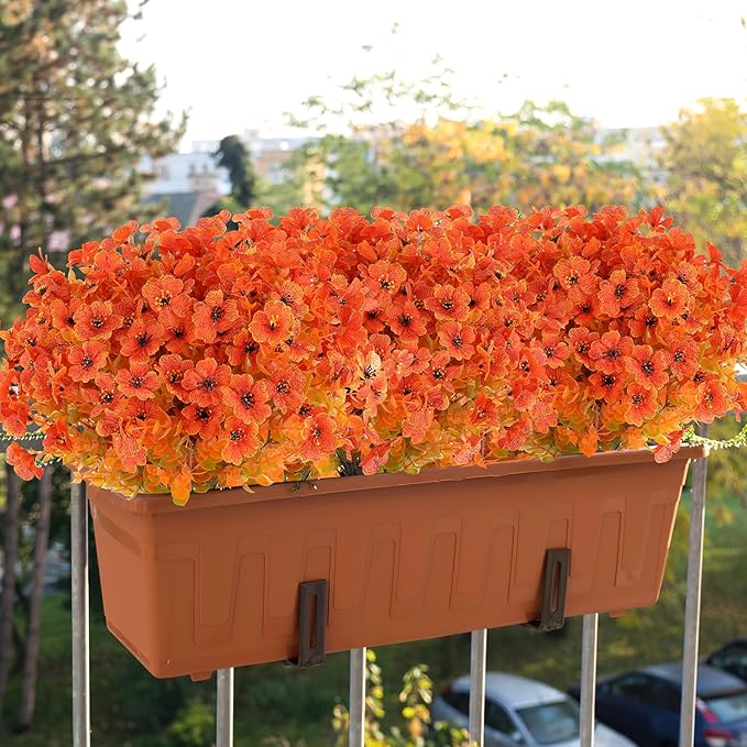 AmyHomie 20 Bundles Fall Orange Artificial Flowers for Outdoor Fall Decor UV Resistant Faux Flowers No Fade Fake Plastic Plants Garden Porch Window Box Decorating