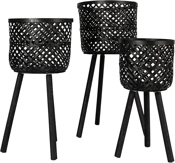 Creative Co-Op Woven Bamboo Baskets with Wooden Legs, Black, Set of 3