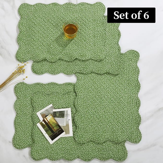 HOMBYS Quilted Placemats Set of 6 Washable-13x18 inches Rectangular Placemats for Kitchen Table-100% Cotton Fabric Rectangular Table Mats, (Green & Withe)
