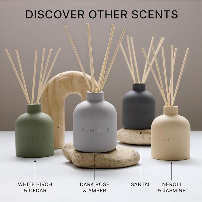 Craft & Kin Reed Diffuser Set - Santal Woods, Reed Diffusers for Home with Fragrance Sticks - The Earthenware Collection, 6.7oz Alcohol-Free, Essential Oils