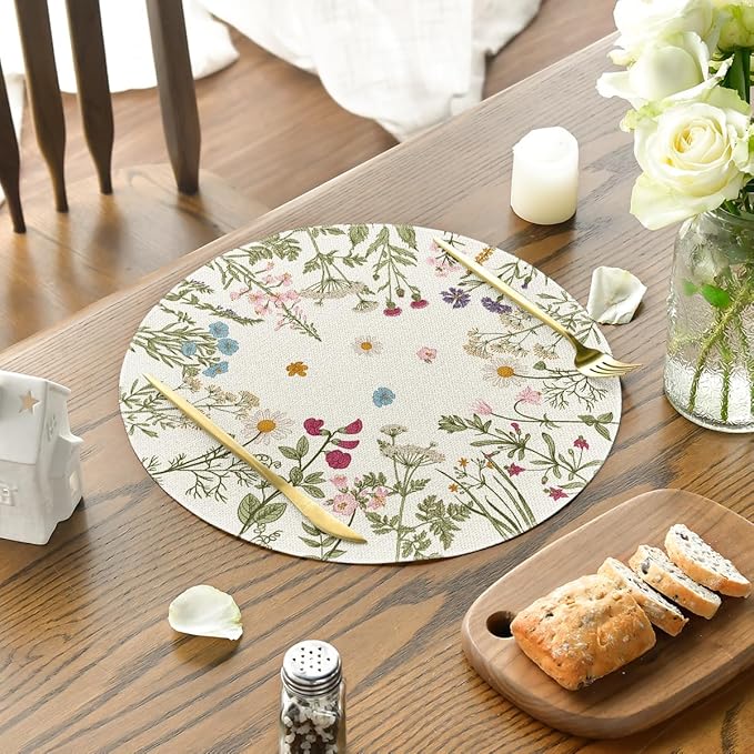 Artoid Mode Antique Herbs Wild Flowers Spring Round Placemats Set of 6, 14 Inch Summer Round Table Mats for Dining Decoration