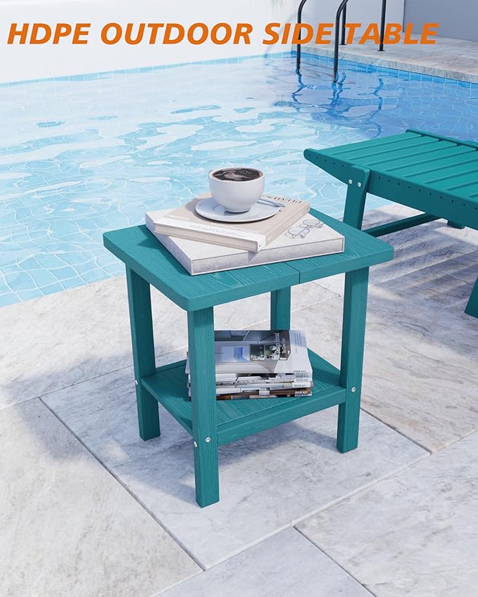 2-Tier Adirondack Square Outdoor Side Table, Pool Composite Patio Table, Weather Resistant End Table for Patio, Backyard, Pool, Easy Maintenance - Aruba