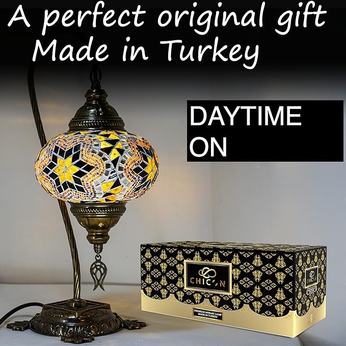 CHICON Handmade Mosaic Turkish Lamp | Genuine Glass Mosaic | A Piece of Art in Unique Lamps | Antique Vintage Lamp | Tiffany Boho Lamp | Moroccan Bohemian Small Table Lamp - SWAN Flower Yellow