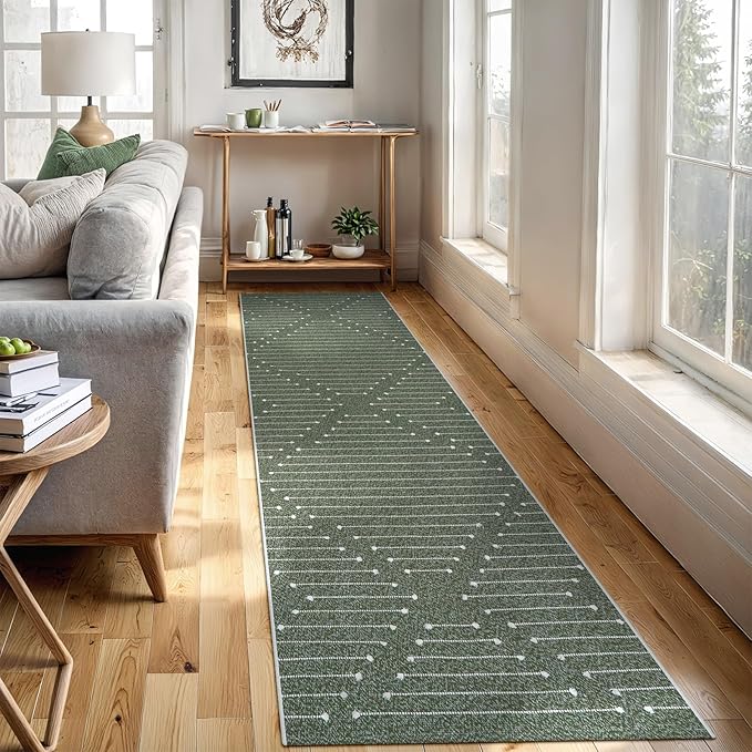 LIVEBOX Green Runner Rug for Kitchen 2x8, Boho Washable Runner for Hallway, Moroccan Cotton Long Entryway Area Rug Indoor Carpet for Bedroom Laundry Doorway Entry(Green & White)