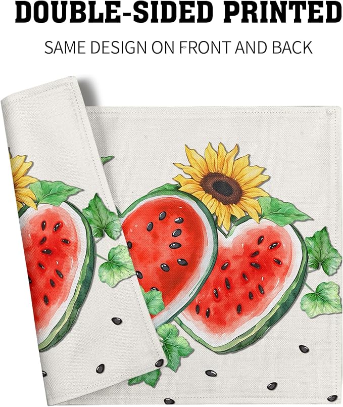 Summer Watermelon Placemat Set of 4,Sunflowers Table Mats Non Slip Heat-Resistant Washable Table Place Mats for Kitchen Dining Table Home Decoration 12 x 18 Inch