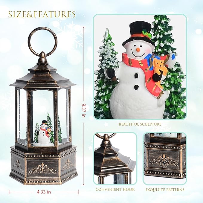 Christmas Snow Globes, 9.37" Snowman and Christmas Tree Glitter Water Lantern with 8 Songs, 6H Timer Battery & USB Powered Music Box for Christmas Decorations Indoor