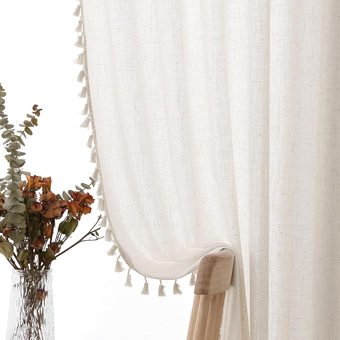 Beige Boho Linen Curtains 80 Inches Long 2 Panels Textured Farmhouse Semi Sheer Window Curtains Tassels Back Tab Neutral Light Filtering Chic Curtain Drapes for Living Room Bedroom 38x80