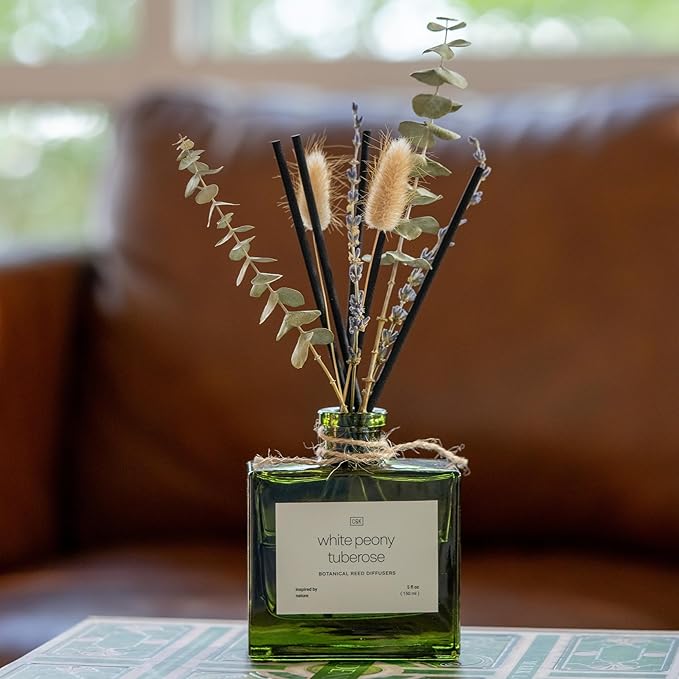 Craft & Kin Reed Diffuser with Dried Flowers | 5 oz White Peony & Tuberose Scented Reed Diffusers for Home, Bathroom | Scent Sticks | Elegant Fragrance Home Decor for Men & Women
