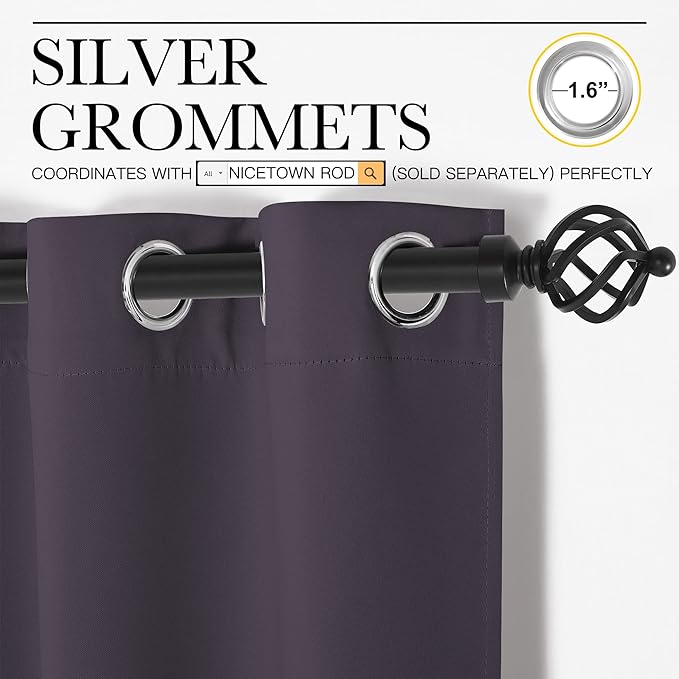 NICETOWN Blackout Curtains & Drapes for Bedroom, Greyish Purple, W34 x L48, Set of 2, Triple Weave Grommet Top Thermal Insulated Light Blocking Panels for Bathroom/Living Room