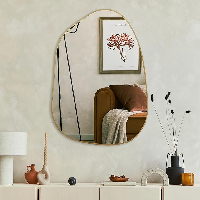 PERFNIQUE Irregular Wall Mirror Asymmetrical Mirror, 27''x19'' Gold Mirror for Bathroom Bedroom Living Room Entryway, Decorative Modern Wall Decor, Wall Mounted Mirror (Gold, 27''x19'')