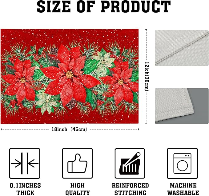 Red Poinsettias Placemats for Dining Table Set of 4, 12 x 18 Inch Red White Floral Xmas Tabletop Mats Red Rectangle Table Mat for Winter Holiday Party Kitchen Table Decor