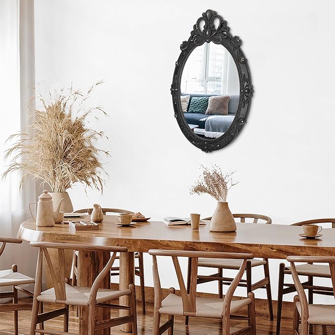 Vintage Black Hanging Wall Mirror Wall Decor 24"x16" Antique Oval Carved Wood Frame Bathroom Mirror Vanity Rustic Wall Mounted Mirrors Decorative Farmhouse Mirrors for Bedroom Living Room