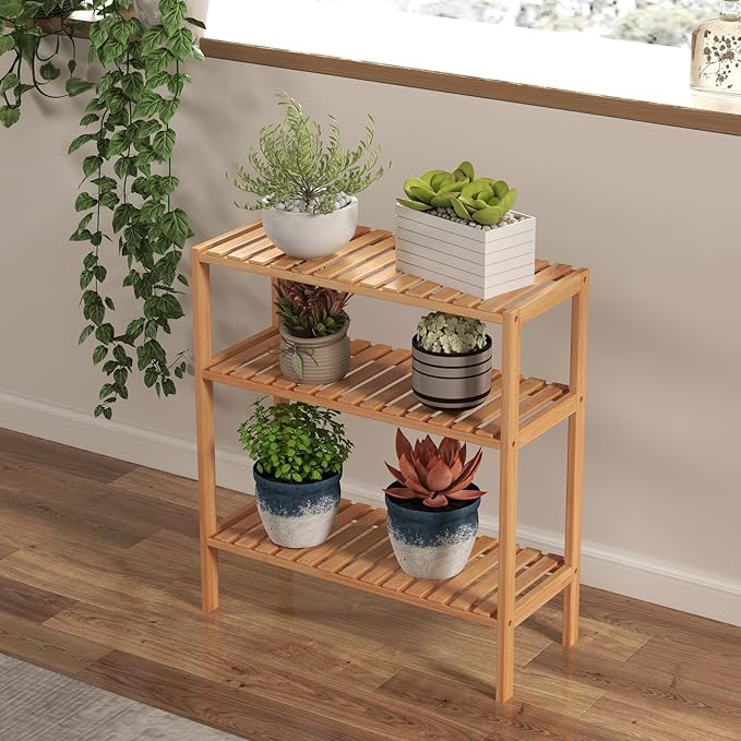 kinbor Bamboo Rack Multifunctional Bathroom Kitchen Living Room Holder Plant Flower Stand Utility Storage Shelf (3-Tier)