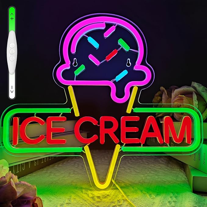 Ice Cream Neon Sign Light up Acrylic LED Lamp with USB Powered Ice Cream Letter Neon Light for Business Store Cafe Drink Shop Office Bedroom Restaurant Decor Adjust Brightness