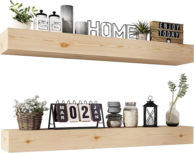 Wall Floating Shelves, Rustic Wood Shelf for Wall Mounted - Wooden Handmade Shelves for Bathroom Kitchen Livingroom - No Stain - DIY(Unfinished, 36 Inch - 2 Pack)