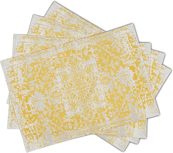 Gray Yellow Boho Placemats Set of 4 Ethnic Bohemian Carpet Place Mats Washable Kitchen Dining Vintage Grey Geography Floral Linen Table Mats Stain Heat-Resistant Cloth Tabel for Home Party 12x18 in