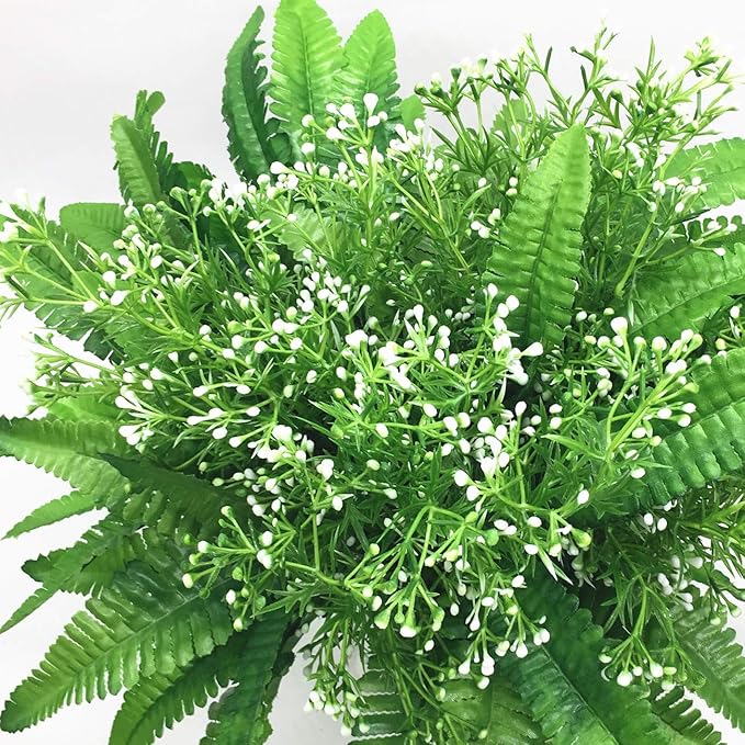 CATTREE Artificial Plants, Faux Plastic Pearl Flowers Shrubs Fake Grass Leaves Simulation Greenery Bushes Indoor Outside Home Garden Office Yard Verandah Wedding Decor - 4 Bundles