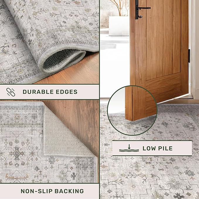 Boho Light Grey 5x8 Living Room Rug - Modern Vintage Eclectic Floral Pastel Neutral Taupe, Washable Low Pile Non-Slip Large Area Rugs for Nursery Dining Under Table Bedroom Lounge