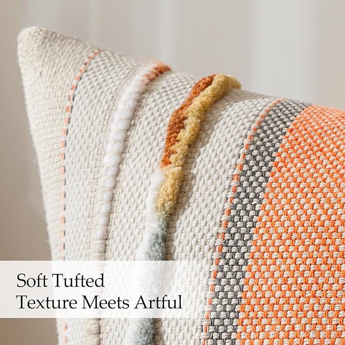 ANRODUO Pack of 2 Boho Decorative Throw Pillow Covers 18x18 Farmhouse Cushion Case Striped Chenille Pillow Cases Square Pillow Covers Accent Neutral Pillowcase for Sofa Couch Bed, Pink Stripe