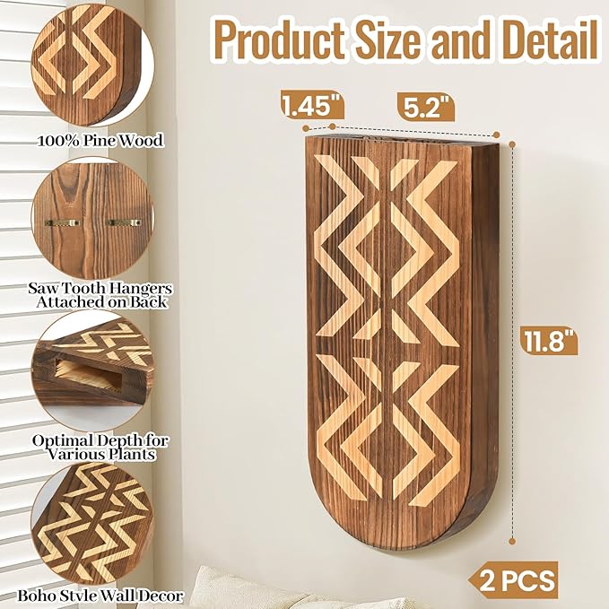 2 Pack Wooden Wall Vase Set, Wall Planter for Indoor Plants, Modern Farmhouse Art with Carving, Boho Wall Decor for Entryway, Hallway, Bathroom, Living Room, Dining Room