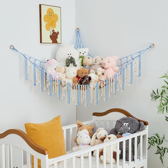 Pretty Jolly Stuffed Animal Storage Hammock with Wooden Beads Corner Hanging Net Boho Tassel for Toy Plush Holder for Kid Room Nursery Decor Wall Display Organizer for Girls Boy Gift(Light Blue)