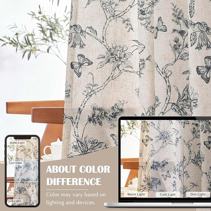 jinchan Floral Curtains Lined Linen Blend Curtain for Living Room 96 Inch Length Black Farmhouse Flower Patterned Curtain French Country Curtains Drapes Back Tab Rod Pocket 2 Panels