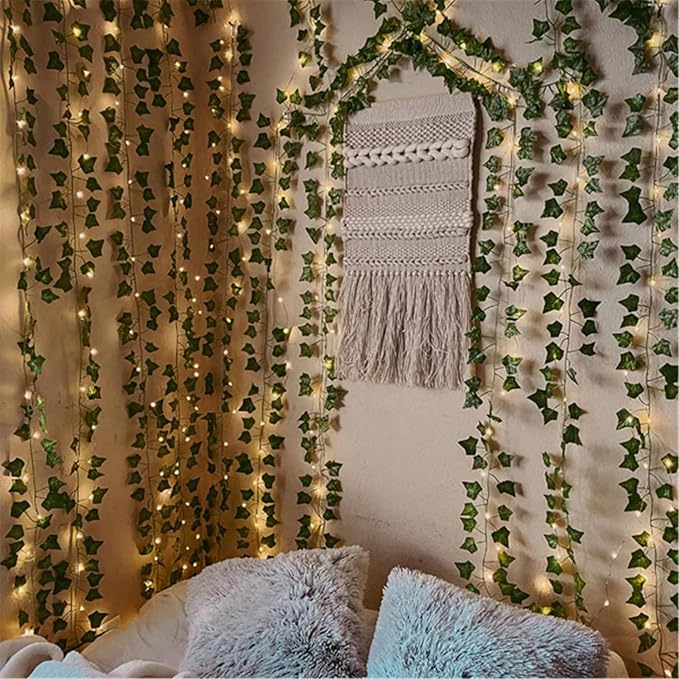 Fake Vines for Room Decor Artificial Ivy Garland with 100 LED String Light Hanging Plants Faux Greenery Leaves Bedroom Aesthetic Decor for Home Garden Wall Wedding(6Pack with 100LED)