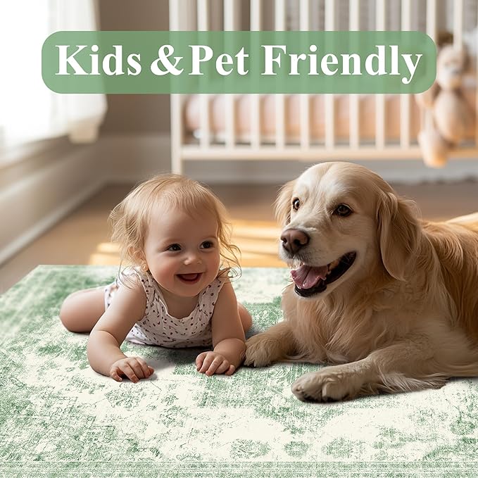 Area Rug 5x7 Washable Green Rug Vintage Boho Medallion Large Distressed Retro Carpet for Living Room Non Slip Indoor Low Pile Small Soft Bedroom Dining Room Home Office