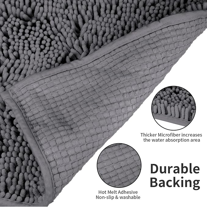 ZiYiJuan Bathroom Rugs, Super Absorbent Luxury Shaggy Chenille Bath Mats, Durable Dark Gray 17x24_20x32