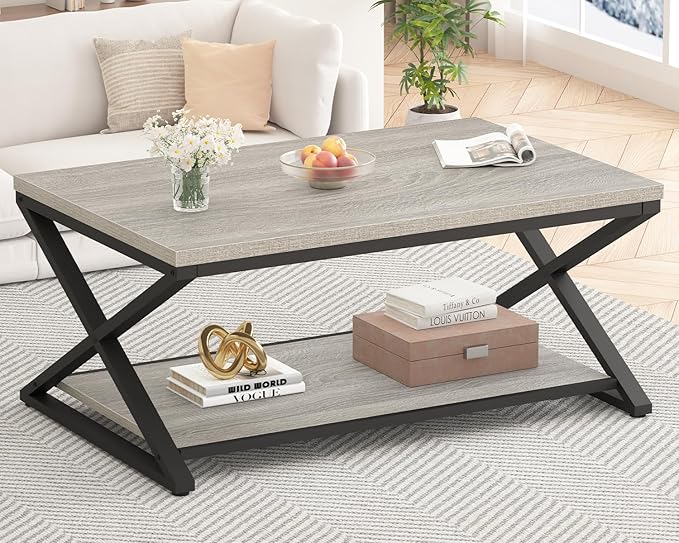 HSH Rustic Grey Coffee Table, Modern Minimalist Living Room Table with Storage Shelf, Industrial Simple Metal Wooden Center Table, 2 Tier Rectangle Cocktail Tea for Home Office Bedroom, 39 Inch
