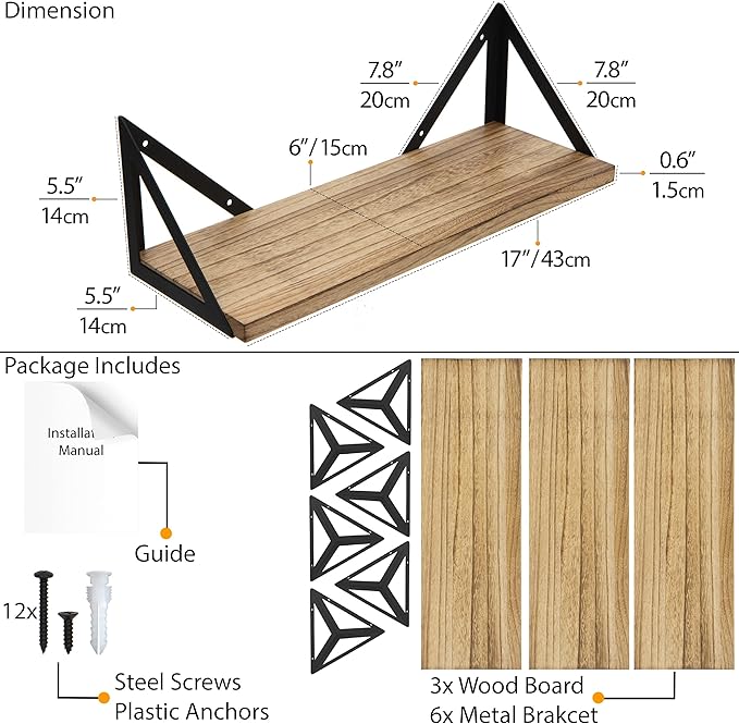 Wallniture Minori Floating Shelves Set of 3, Small Bookshelf Unit for Living Room, Office, and Bedroom, Natural Burned Rustic Wood Wall Decor with Metal Floating Shelf Bracket 6D x 17W x 5.5H in