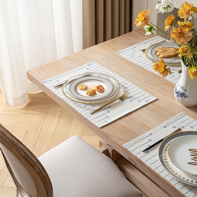 Placemats Set of 6 for Dining Table Décor, Woven Cloth Place Mats for Farmhouse Kitchen Tabletop, Handcrafted Machine Washable Cotton Table mats 13 x 19 Inch, Light Blue and Beige
