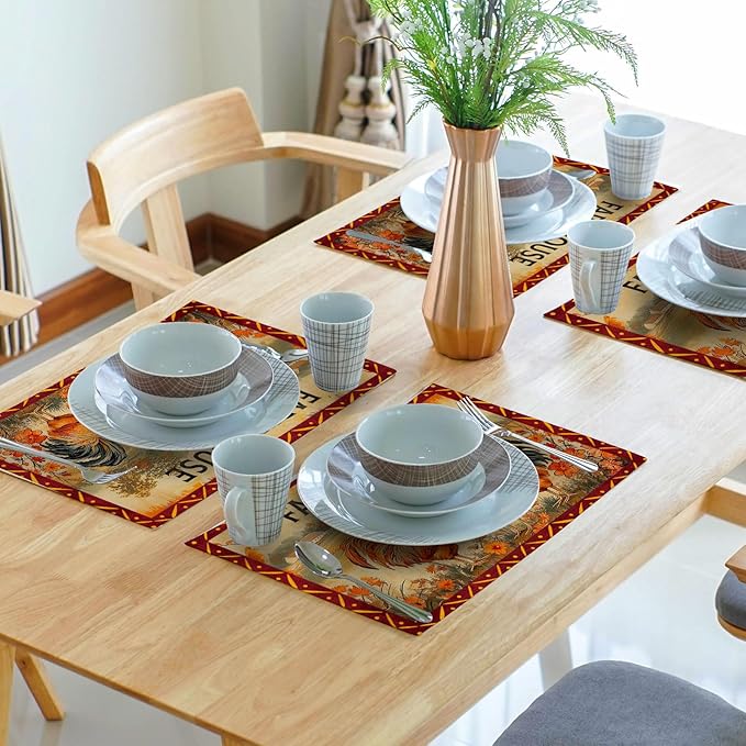 Farmhouse Rooster Placemats Set of 4 Vintage Chicken Farm Table Mats Rustic Country Style Heat Resisting Non-Slip Place Mat for Home Party Indoor Kitchen Dining Table Decoration 12x18 Inch