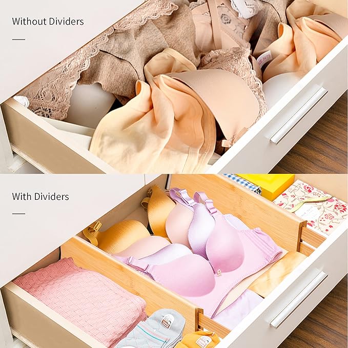 Utoplike 4 PCS Bamboo Kitchen Drawer Dividers(Fits 15"-17.7" Drawer Inner Size), Adjustable Drawer Organizers for Socks, Spring Loaded, Works in Drawer for Bedroom, Kitchen, Dresser, Bathroom, Desk